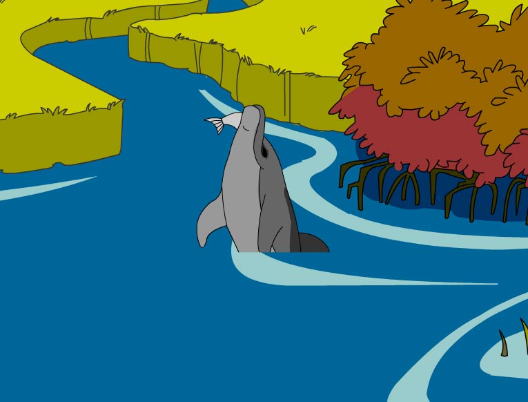Illustration of a dolphin catching a fish
